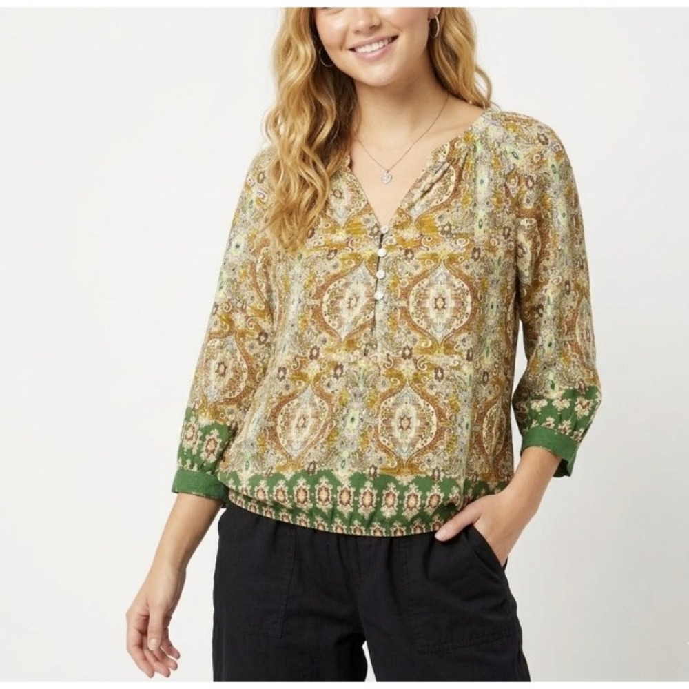 Fig and Flower Ultra Soft Rayon Boho Button V-Neck‎ Casual Top Large
